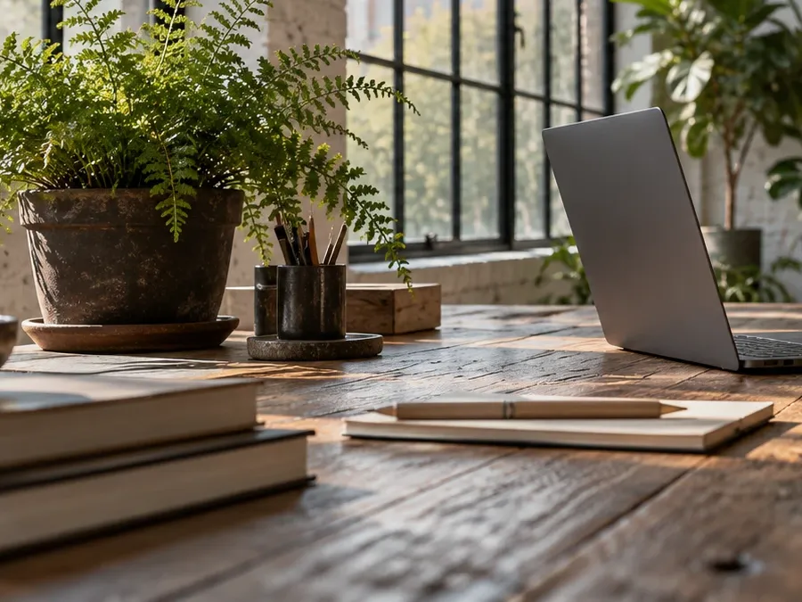 A notebook, pen, and books on a sunlit wooden desk beside a fern