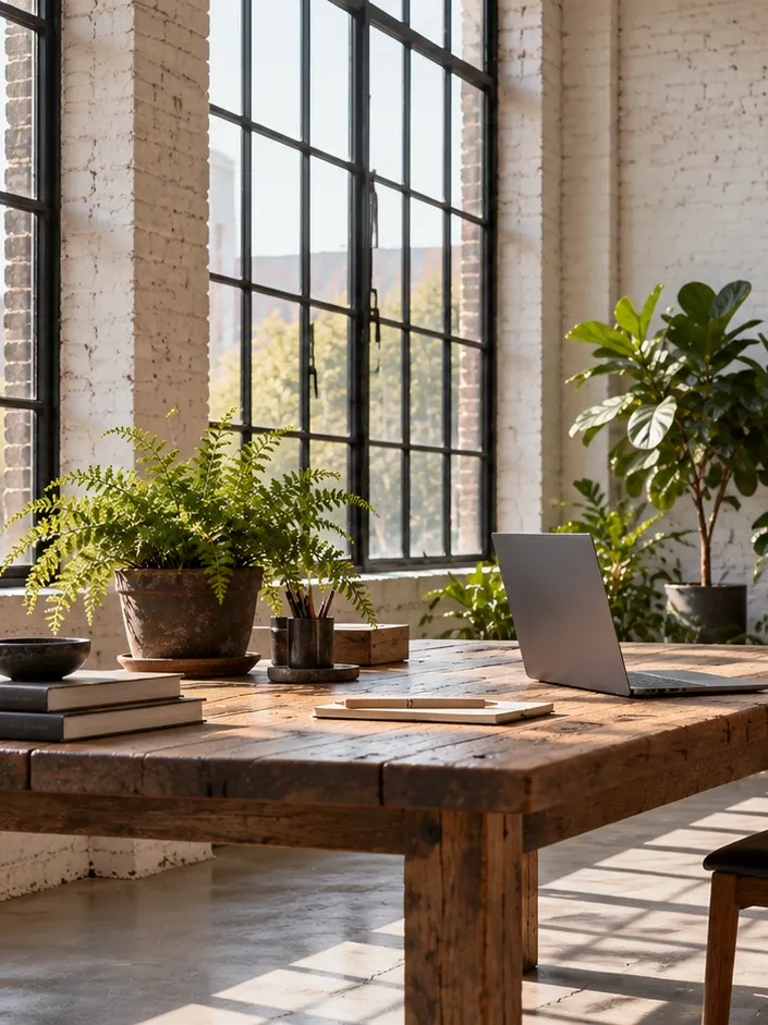 Sunlight through a tall window onto a wooden desk with a laptop and a fern
